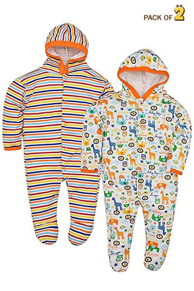 New Born Baby Full Sleeves 100% Cotton Hooded Rompers for Kids and Infants Pack of 2 - The Minies