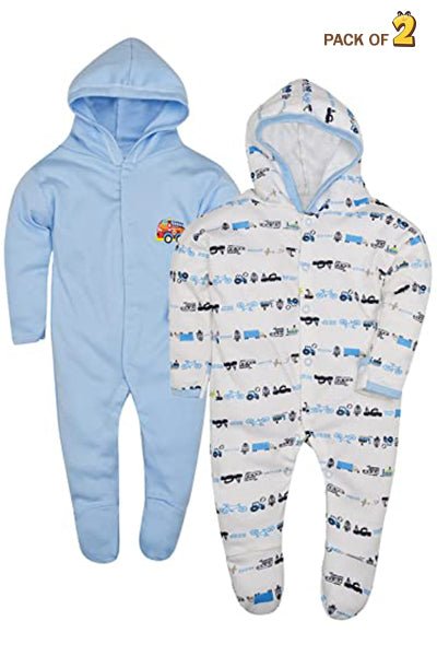 New Born Baby Full Sleeves 100% Cotton Hooded Rompers for Kids and Infants Pack of 2 - The Minies